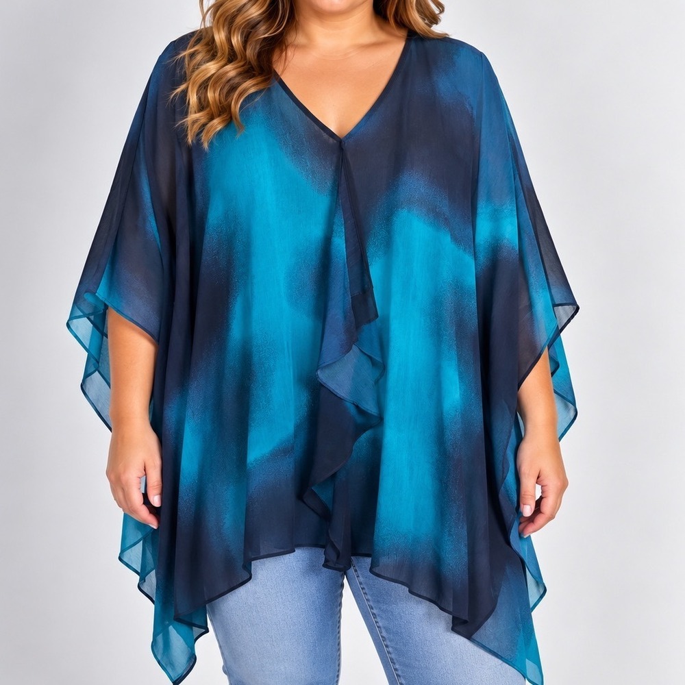 Catherines 1X Sheer Caftan Tunic Top Blue Ombre Draped Poncho Plus Size Boho